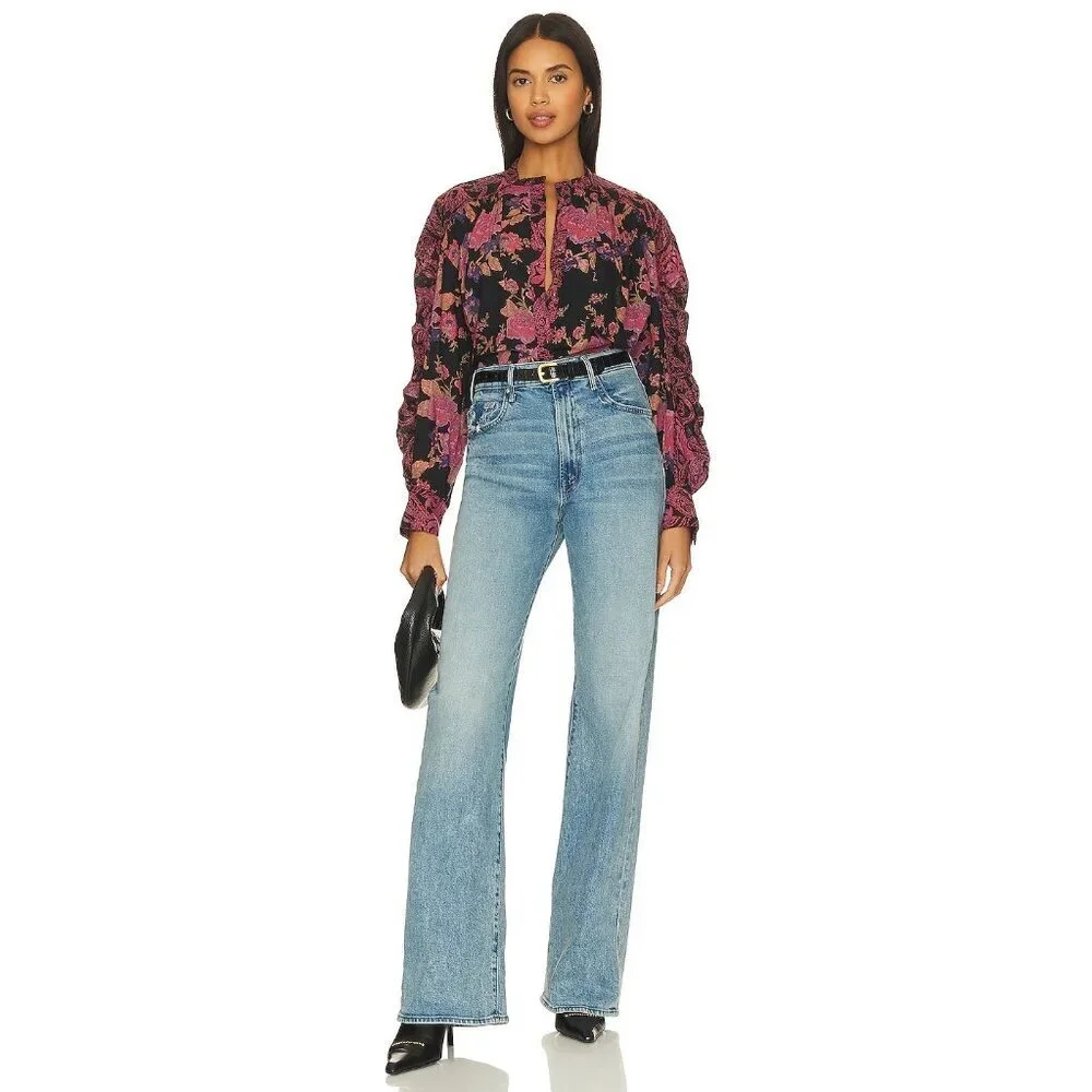 Free People Maraya Button Top in Black Combo XSmall New Womens Blouse